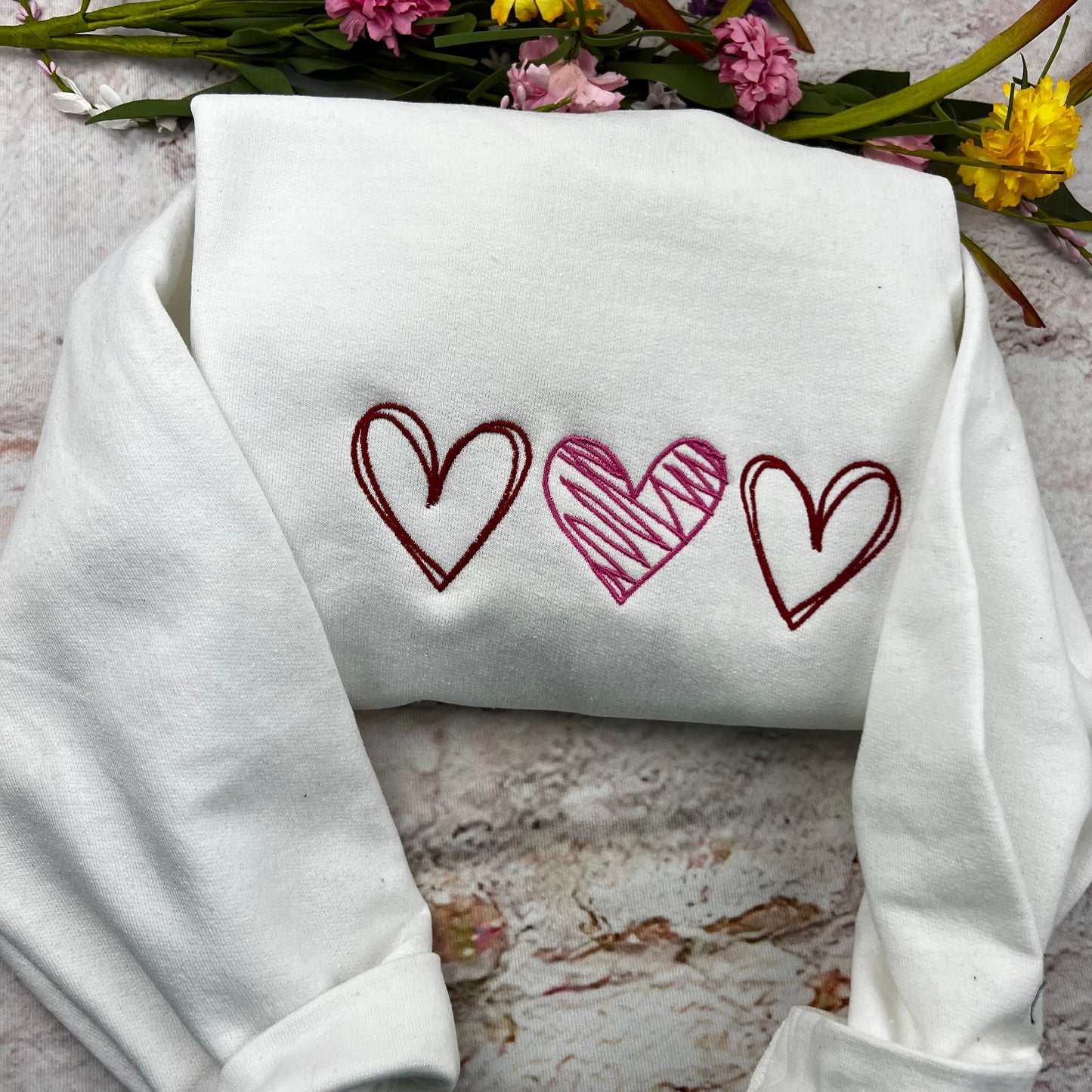 Valentine's Sweatshirt - Love Heart Sweatshirt - Heart Arm Patches - Cute Valentine's Sweater - Teacher Valentine's Shirt - 3 Hearts Outline
