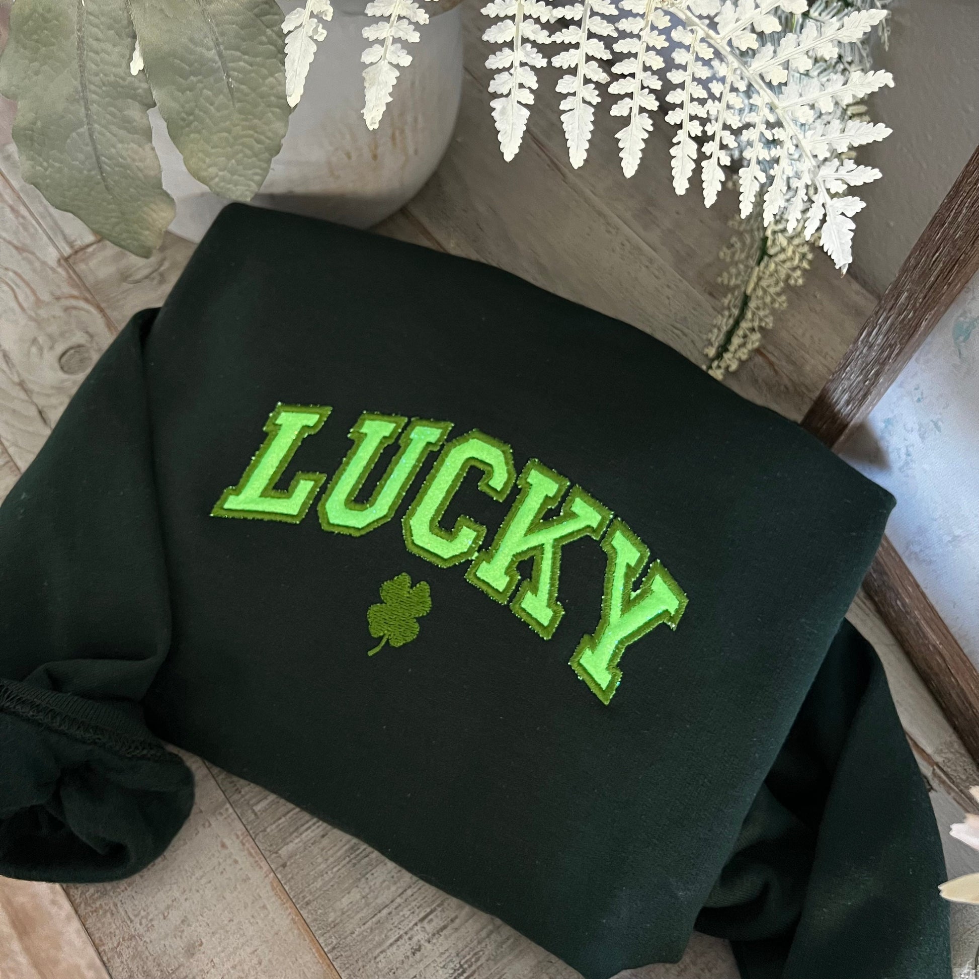 Lucky Sweatshirt, St Patty's Embroidered Sweatshirt, Womens Embroidered Sweater, Women's St Patrick's Day Sweatshirt, Glitter