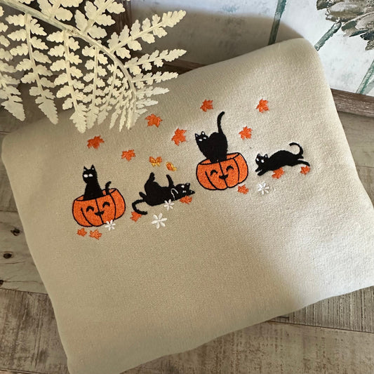 Halloween Embroidered Sweatshirt - Black Cats and Pumkin Shirt