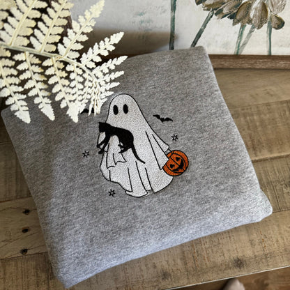 Halloween Embroidered Sweatshirt - Ghost Holdint Black Cat