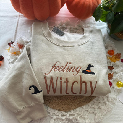 Feeling witchy Sweatshirt- Halloween Embroidered Sweatshirt - Ghost Holdint Black Cat- Halloween Costume