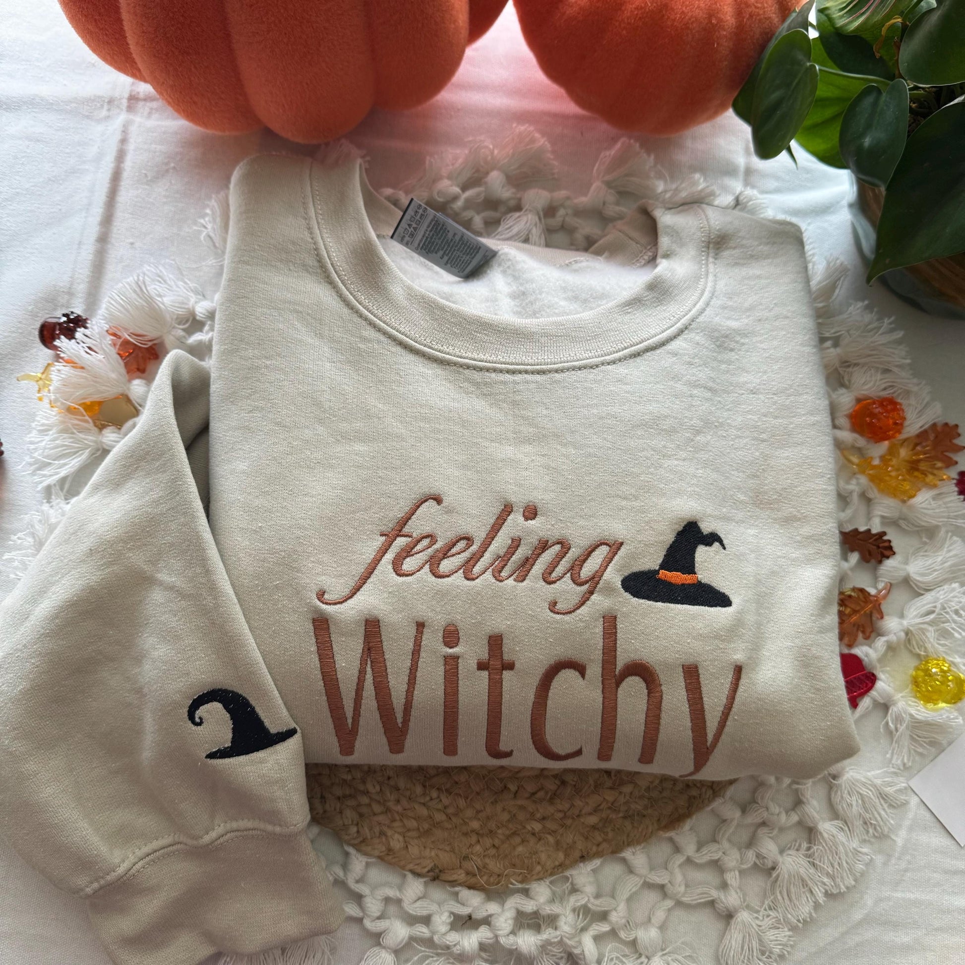 Feeling witchy Sweatshirt- Halloween Embroidered Sweatshirt - Ghost Holdint Black Cat- Halloween Costume