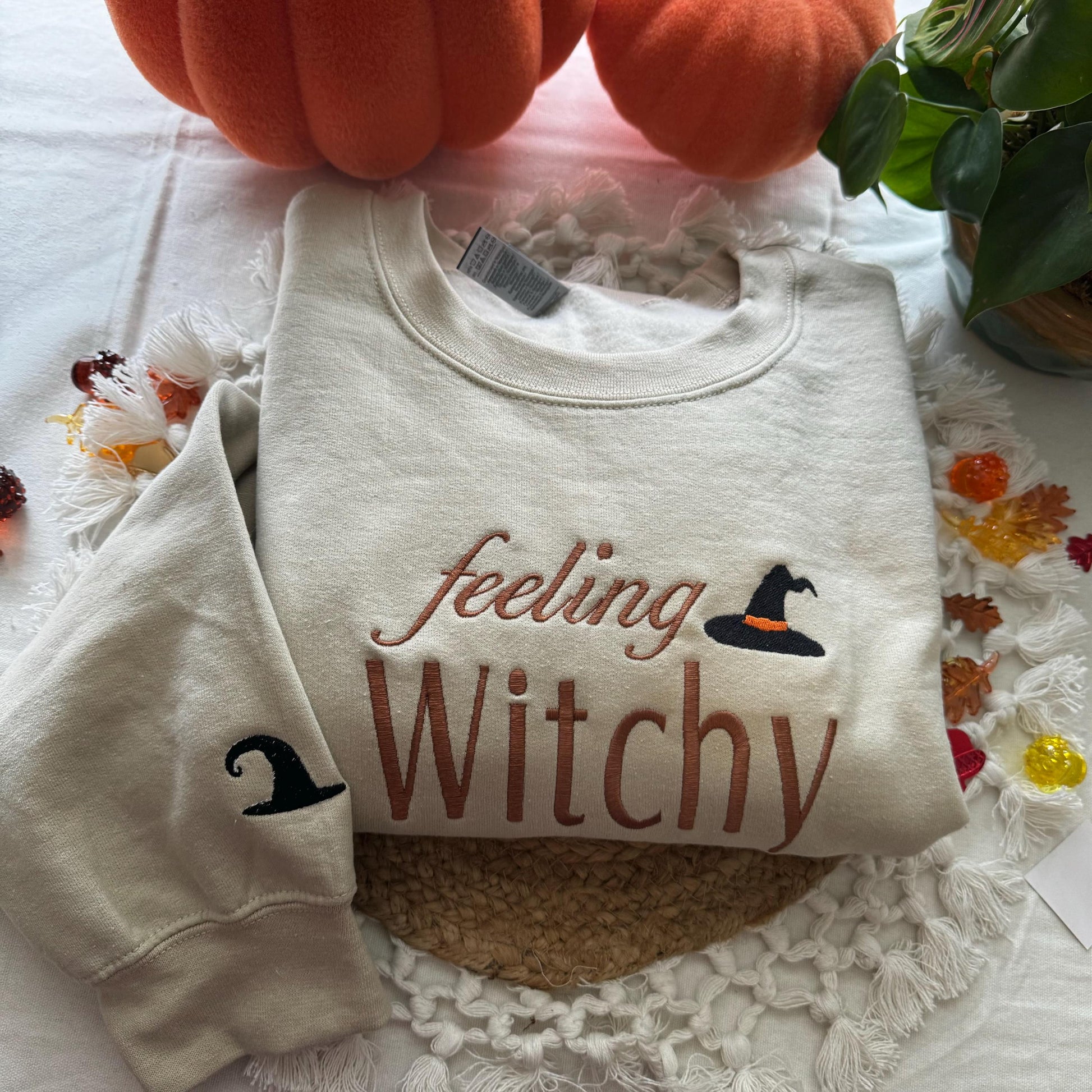 Feeling witchy Sweatshirt- Halloween Embroidered Sweatshirt - Ghost Holdint Black Cat- Halloween Costume