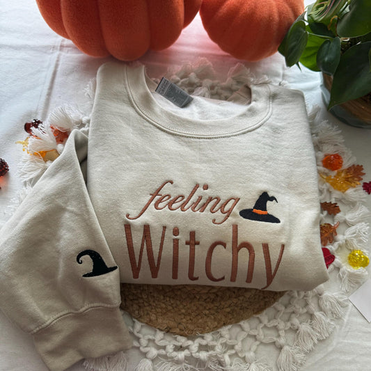 Feeling witchy Sweatshirt- Halloween Embroidered Sweatshirt - Ghost Holdint Black Cat- Halloween Costume