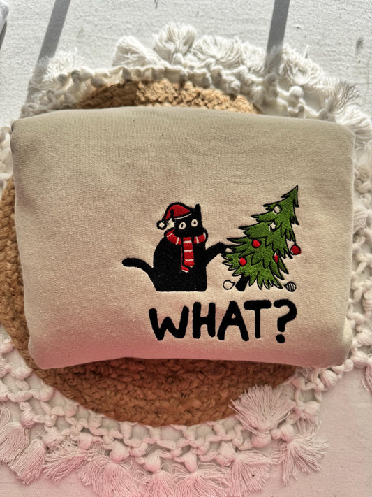 Cat Pushing Christmas Tree Embroidered Sweatshirt - Funny Holiday Design