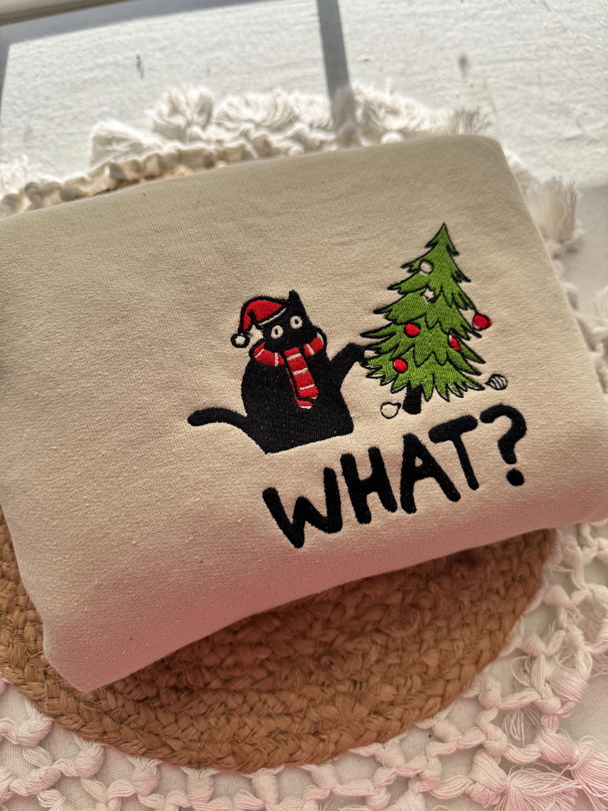 Cat Pushing Christmas Tree Embroidered Sweatshirt - Funny Holiday Design