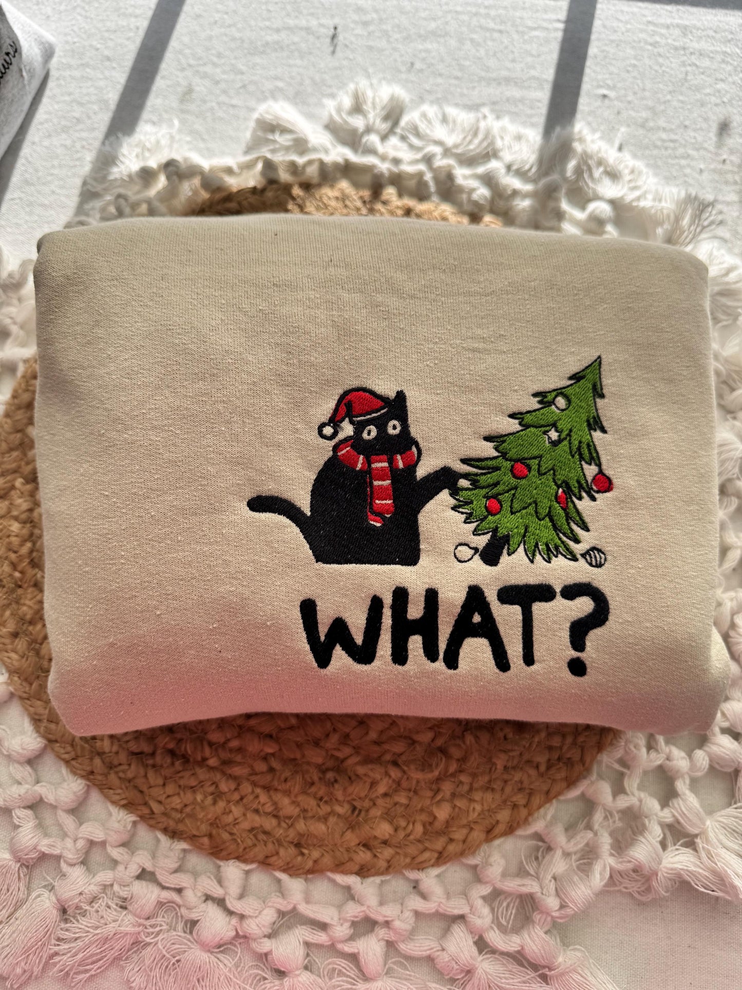 Cat Pushing Christmas Tree Embroidered Sweatshirt - Funny Holiday Design