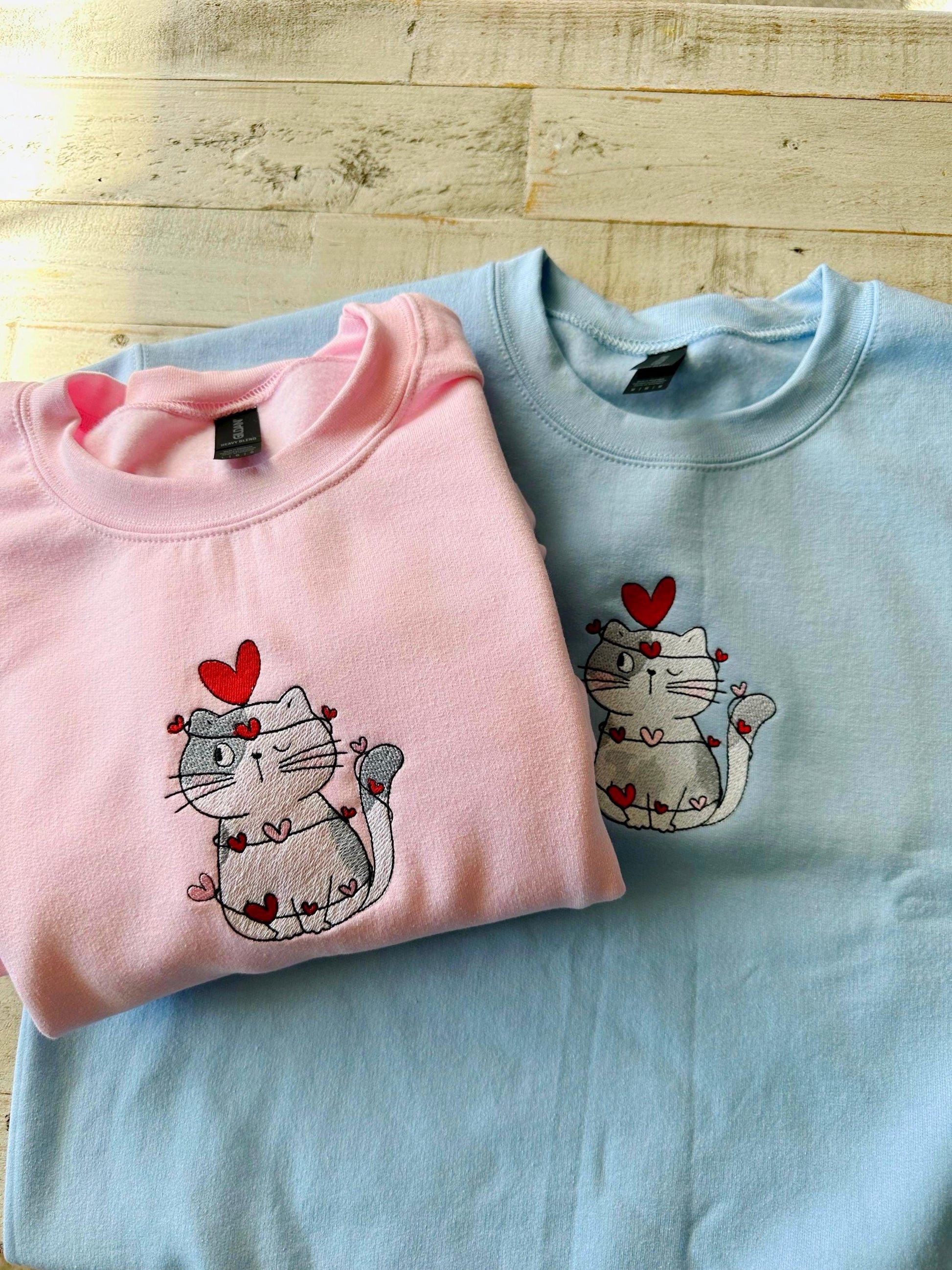Embroidered Cute Cat Valentine Sweatshirt, Cat Lover Valentine Sweatshirt, Girls Valentines Day Gift, Funny Valentines Day Sweater.