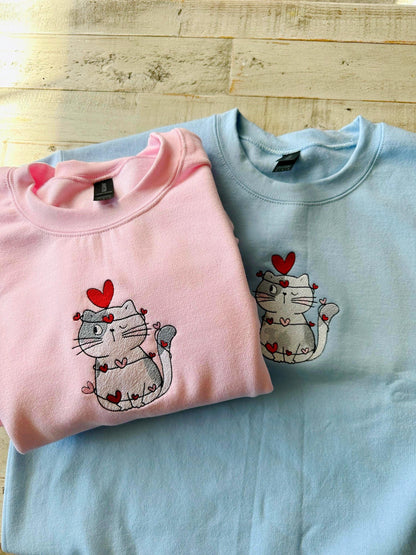 Embroidered Cute Cat Valentine Sweatshirt, Cat Lover Valentine Sweatshirt, Girls Valentines Day Gift, Funny Valentines Day Sweater.
