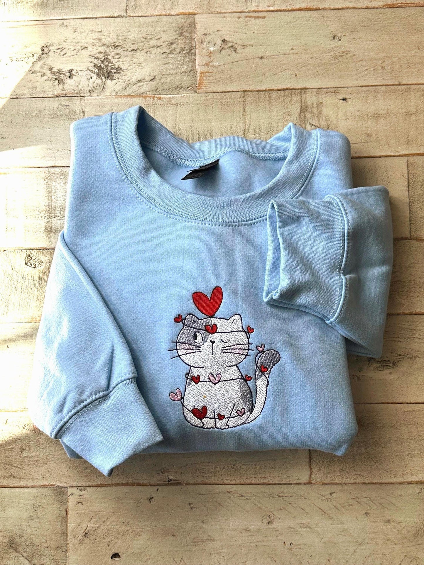 Embroidered Cute Cat Valentine Sweatshirt, Cat Lover Valentine Sweatshirt, Girls Valentines Day Gift, Funny Valentines Day Sweater.
