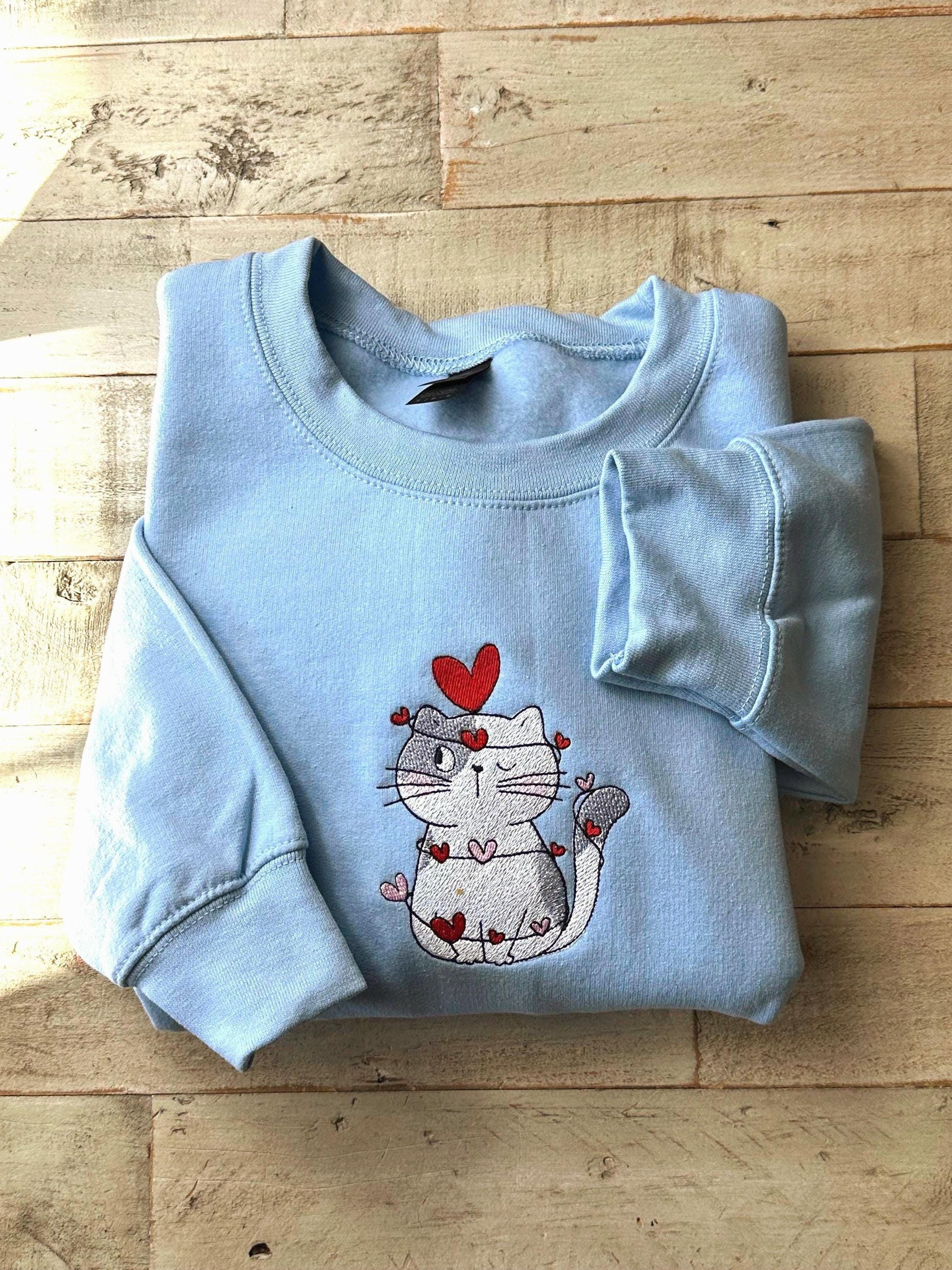Embroidered Cute Cat Valentine Sweatshirt, Cat Lover Valentine Sweatshirt, Girls Valentines Day Gift, Funny Valentines Day Sweater.