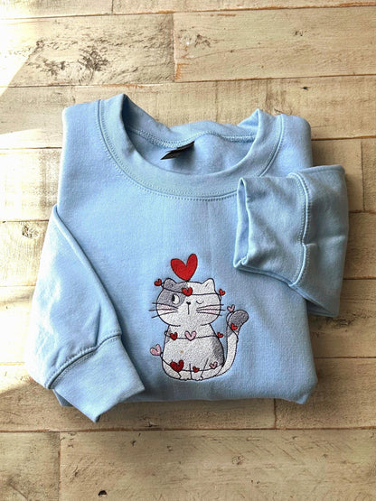Embroidered Cute Cat Valentine Sweatshirt, Cat Lover Valentine Sweatshirt, Girls Valentines Day Gift, Funny Valentines Day Sweater.
