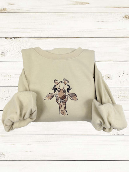 Giraffe Embroidered Crewneck- Trendy Crewneck