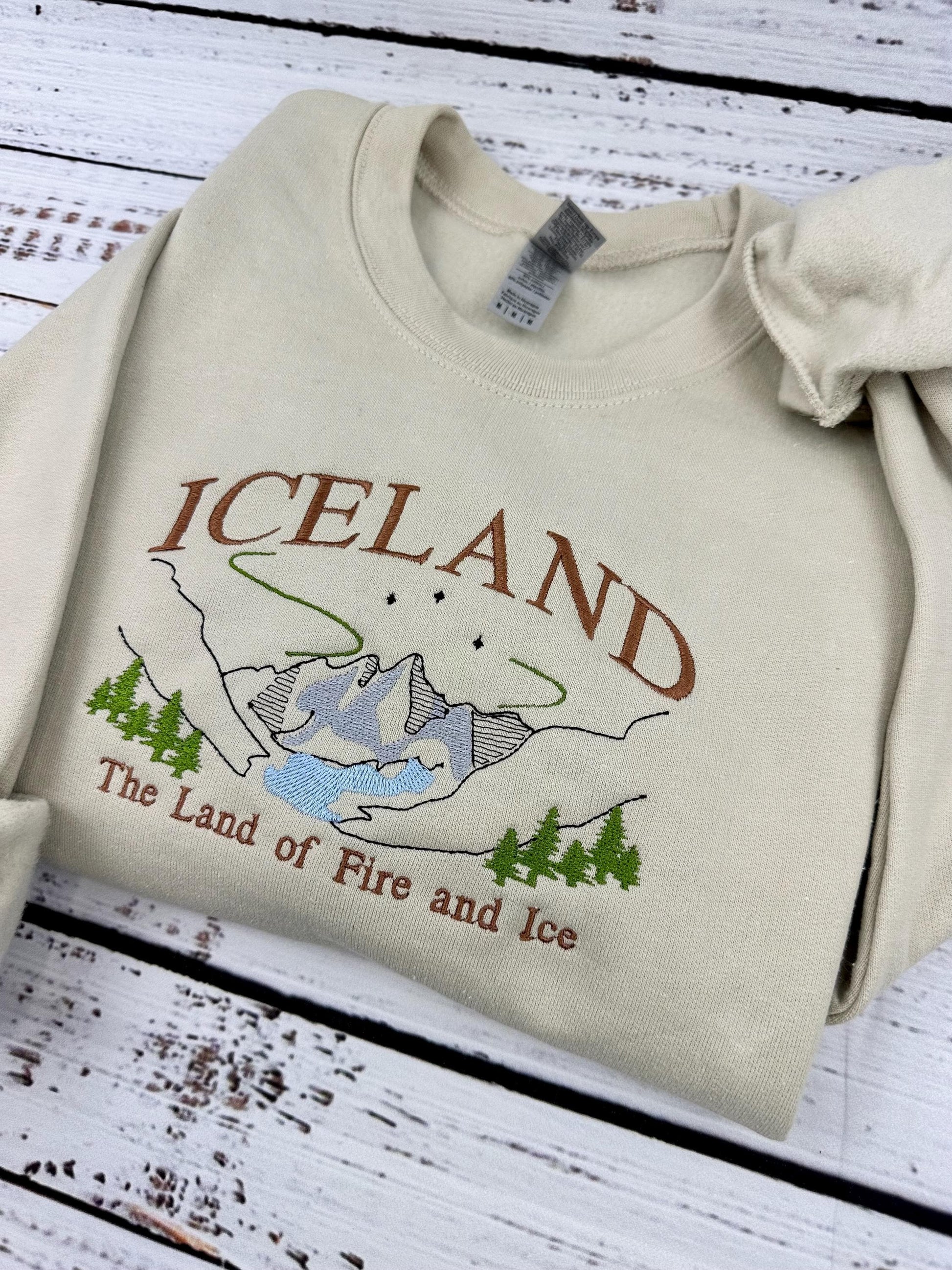 Iceland Embroidered Sweatshirt - Land of Fire and Ice - Handmade Embroidered Travel Gift - Nordic Mountains Aurora