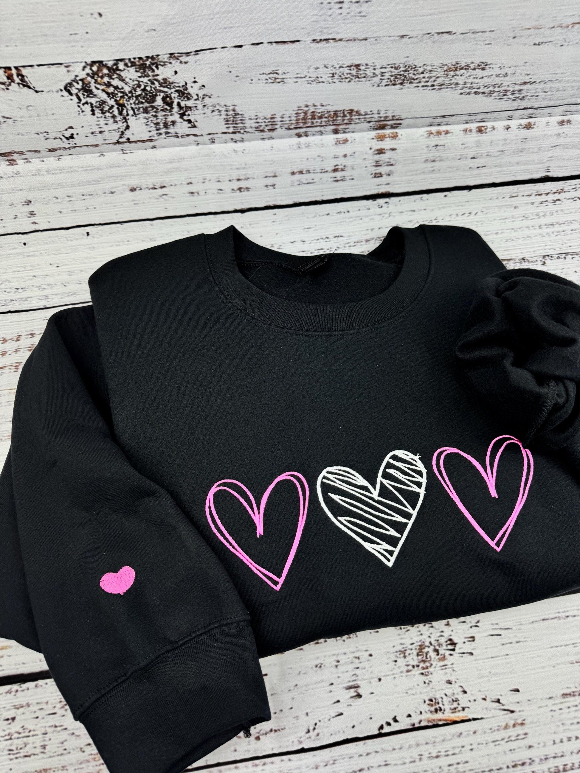 Valentine's Sweatshirt - Love Heart Sweatshirt - Heart Arm Patches - Cute Valentine's Sweater - Teacher Valentine's Shirt - 3 Hearts Outline