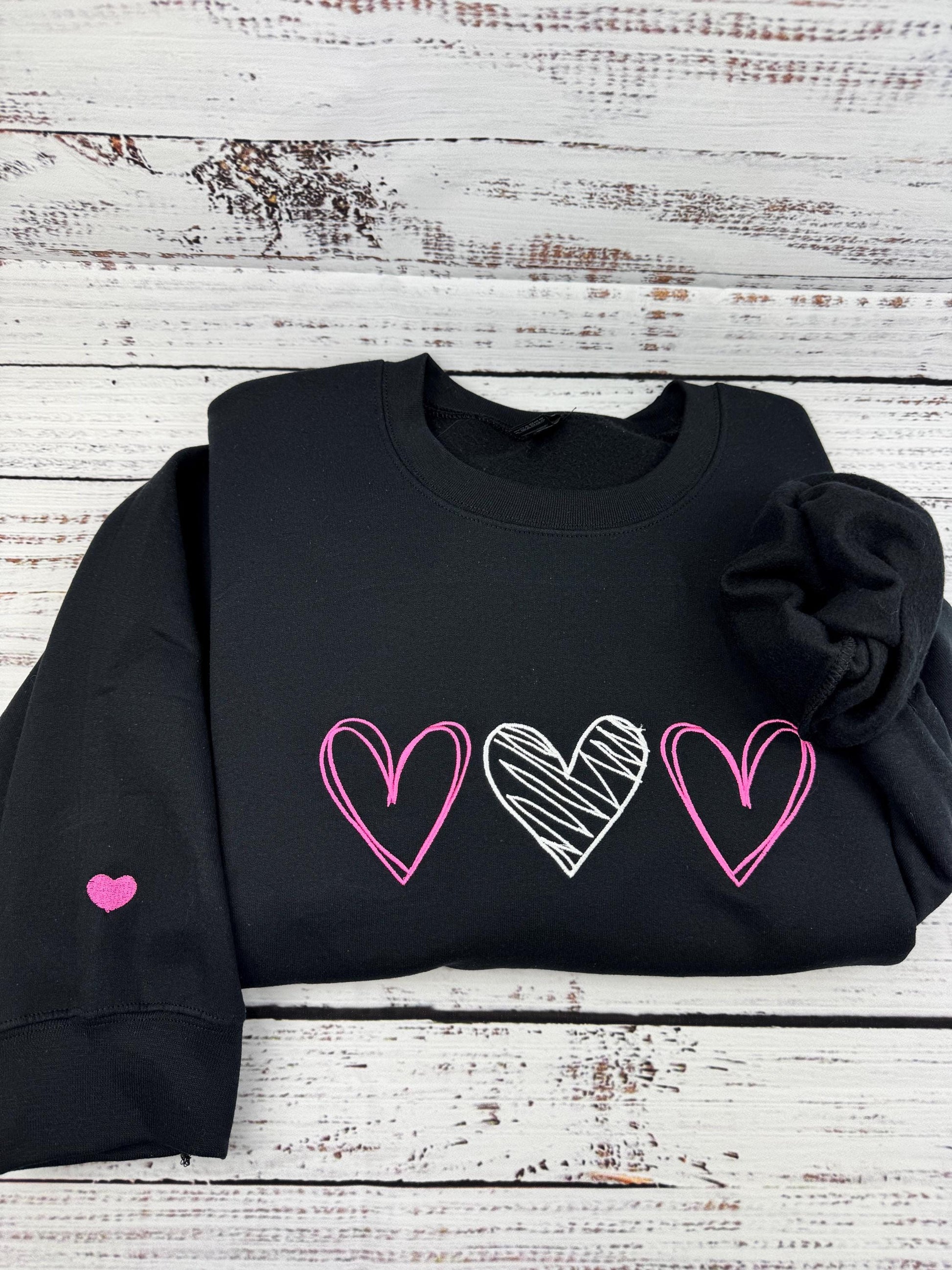 Valentine's Sweatshirt - Love Heart Sweatshirt - Heart Arm Patches - Cute Valentine's Sweater - Teacher Valentine's Shirt - 3 Hearts Outline