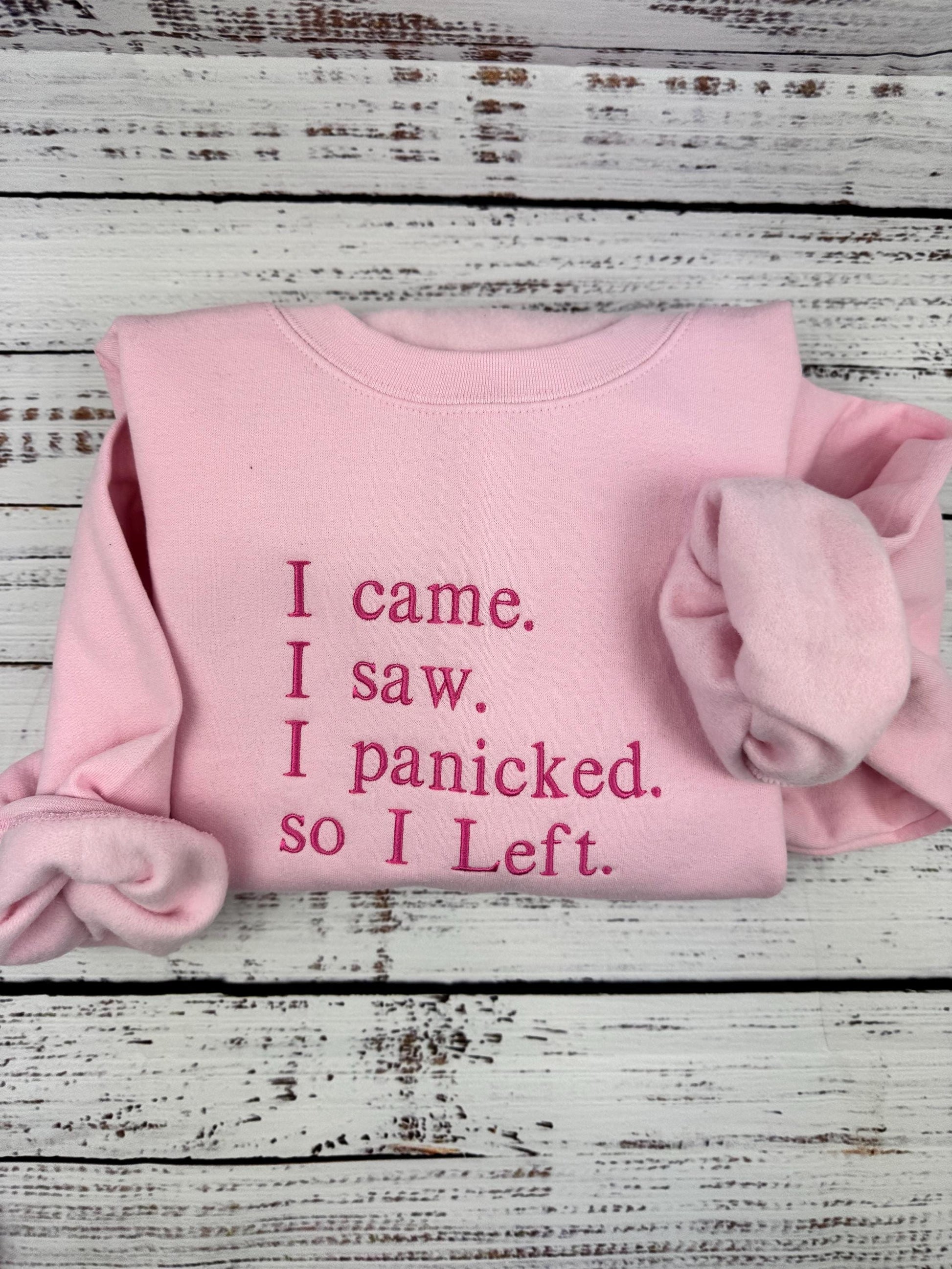 I Came I Saw I Panicked So I Left Embroidered Sweatshirt – Funny Introvert Gift, Anxious Girl Hoodie, Mental Health Humor Pullover