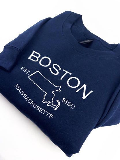 Boston Embroidered Sweatshirt- Massachusetts T-Shirt and Sweatshirt (Map)