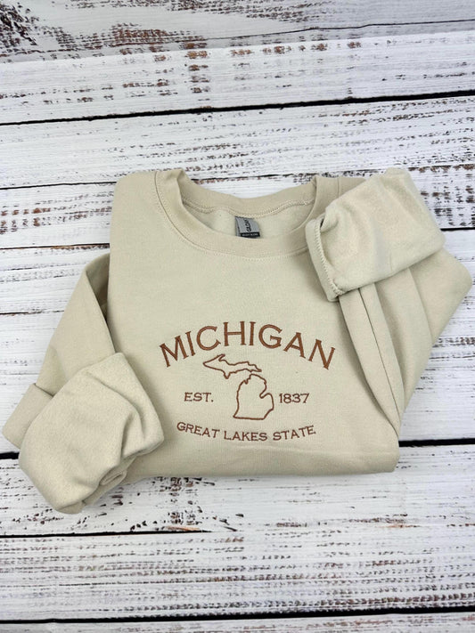 Michigan Embroidered Sweatshirt, Crewneck with Great Lakes Design.