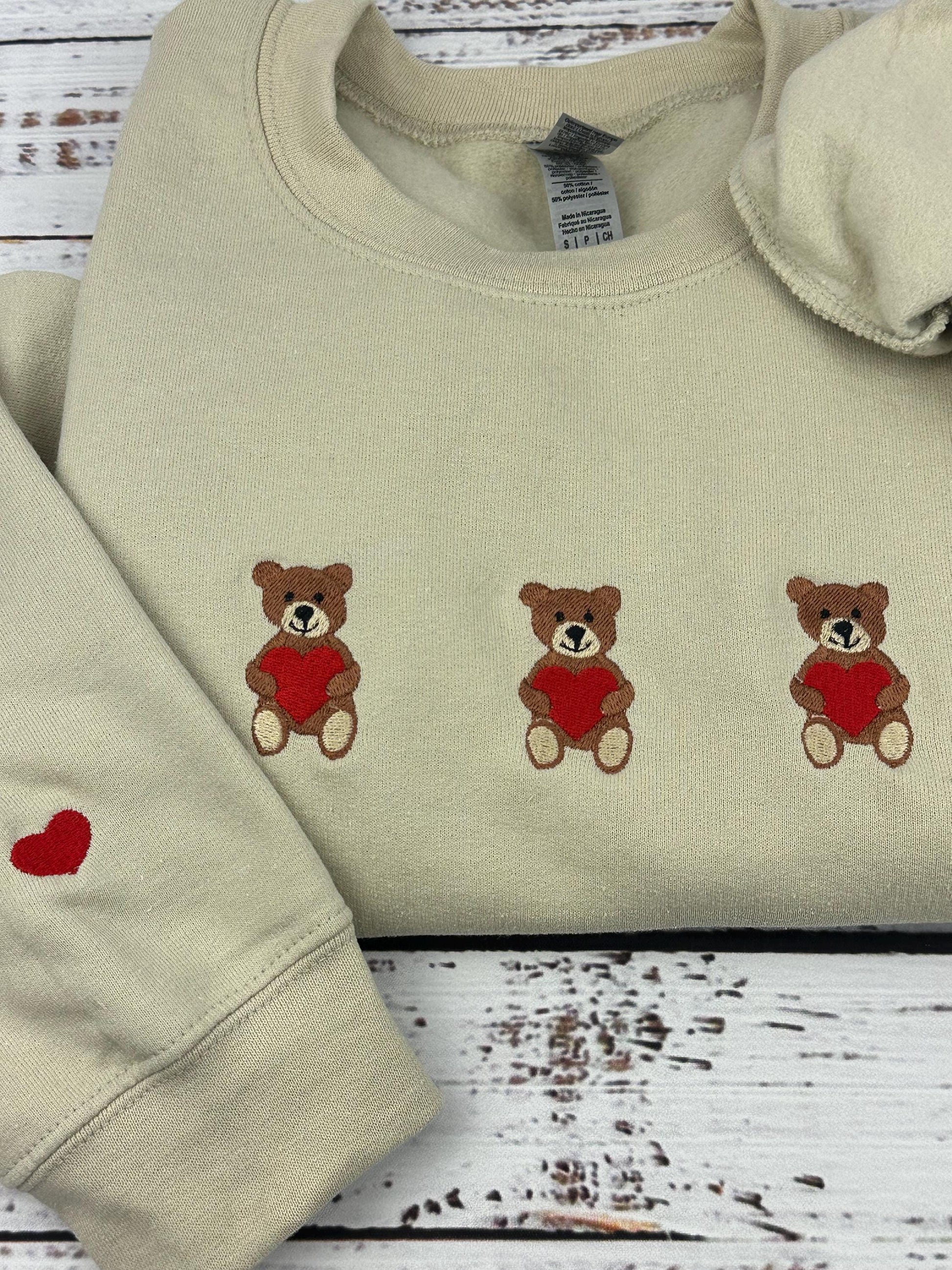 Valentine's Day Embroidered Sweatshirt, Bear heart Love Sweatshirt, Valentines Day Gift, Cute Bear Sweatshirt, Bow Valentine Sweater