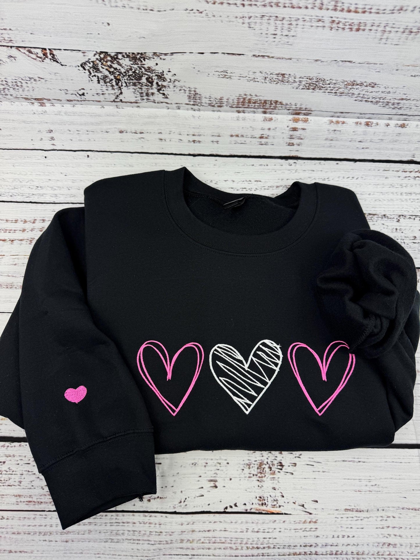 Valentine's Sweatshirt - Love Heart Sweatshirt - Heart Arm Patches - Cute Valentine's Sweater - Teacher Valentine's Shirt - 3 Hearts Outline