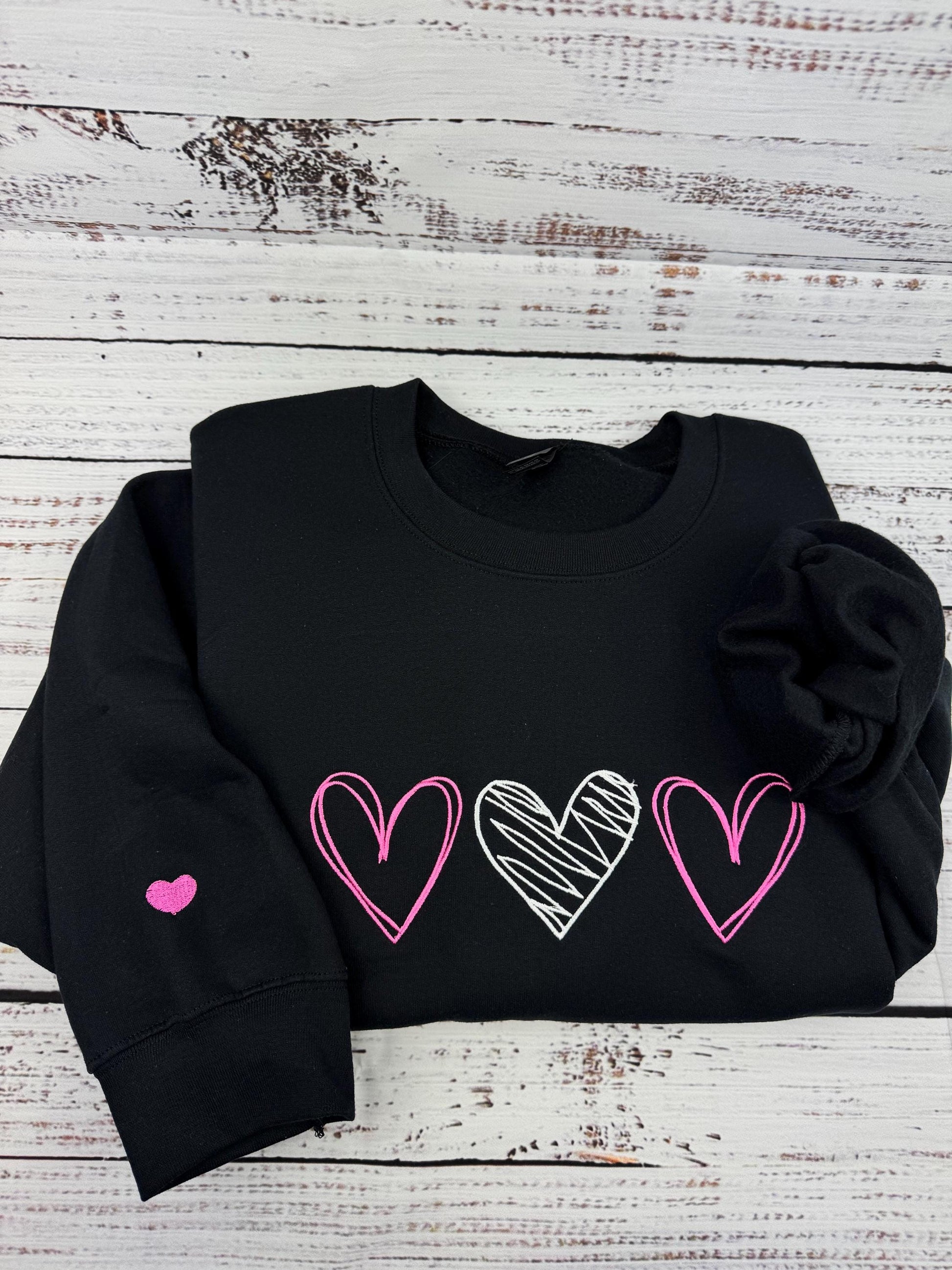 Valentine's Sweatshirt - Love Heart Sweatshirt - Heart Arm Patches - Cute Valentine's Sweater - Teacher Valentine's Shirt - 3 Hearts Outline