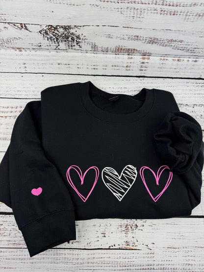 Valentine's Sweatshirt - Love Heart Sweatshirt - Heart Arm Patches - Cute Valentine's Sweater - Teacher Valentine's Shirt - 3 Hearts Outline