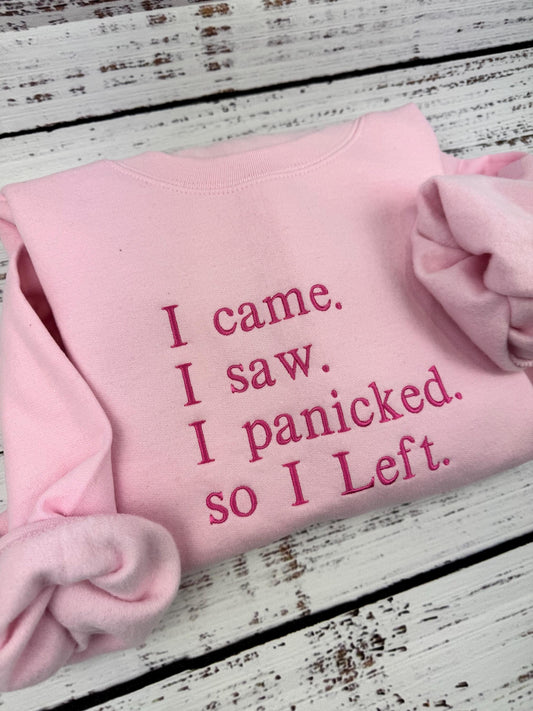 I Came I Saw I Panicked So I Left Embroidered Sweatshirt – Funny Introvert Gift, Anxious Girl Hoodie, Mental Health Humor Pullover