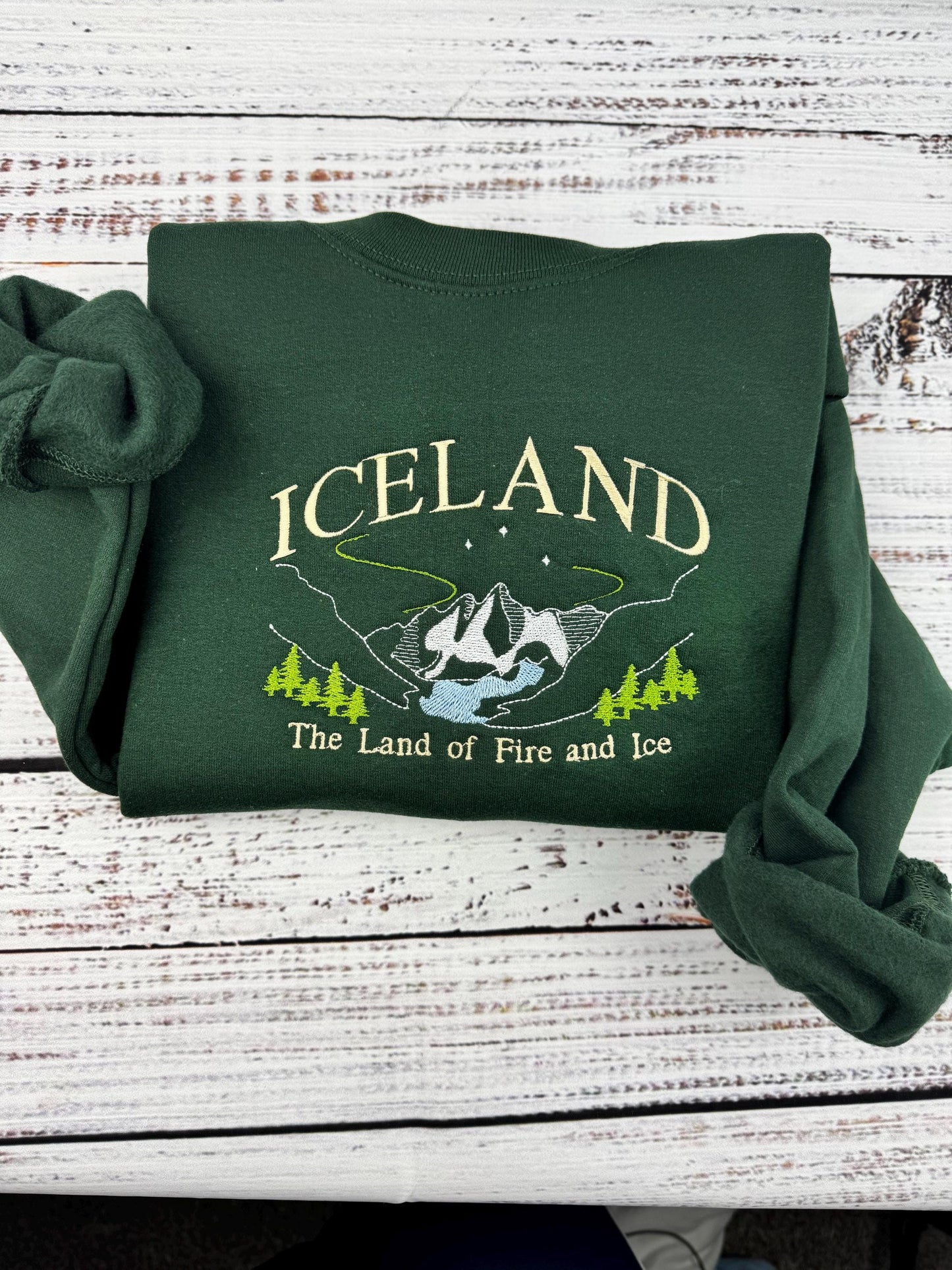 Iceland Embroidered Sweatshirt - Land of Fire and Ice - Handmade Embroidered Travel Gift - Nordic Mountains Aurora