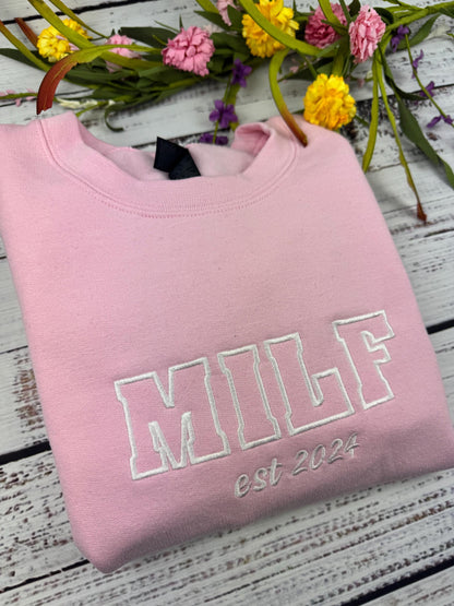 Custom Milf Embroidered Crewneck- Milf Sweatshirt - Custom your Milf Sweatshirts Trendy Crewneck (Custom EST Date)