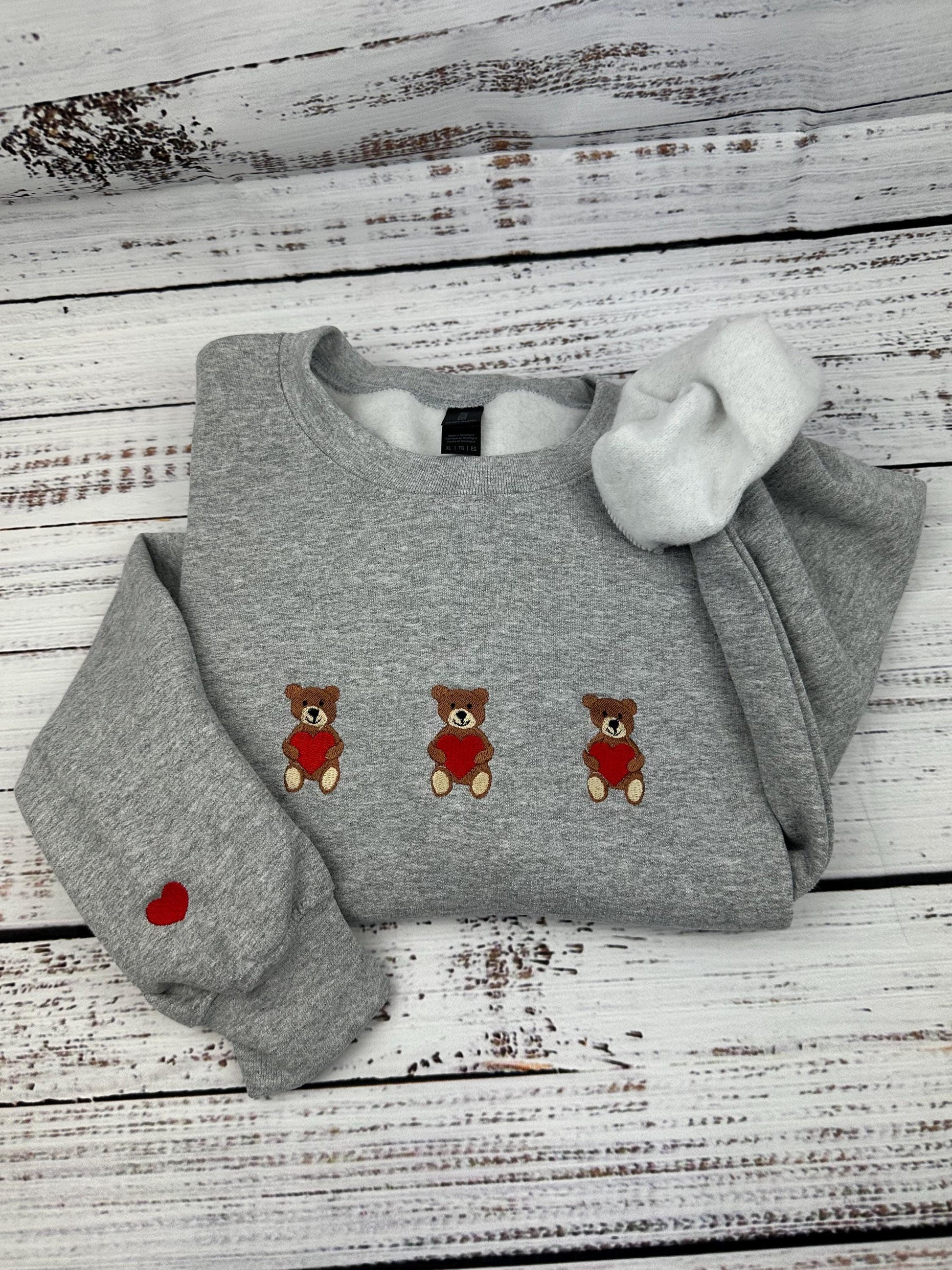 Valentine's Day Embroidered Sweatshirt, Bear heart Love Sweatshirt, Valentines Day Gift, Cute Bear Sweatshirt, Bow Valentine Sweater
