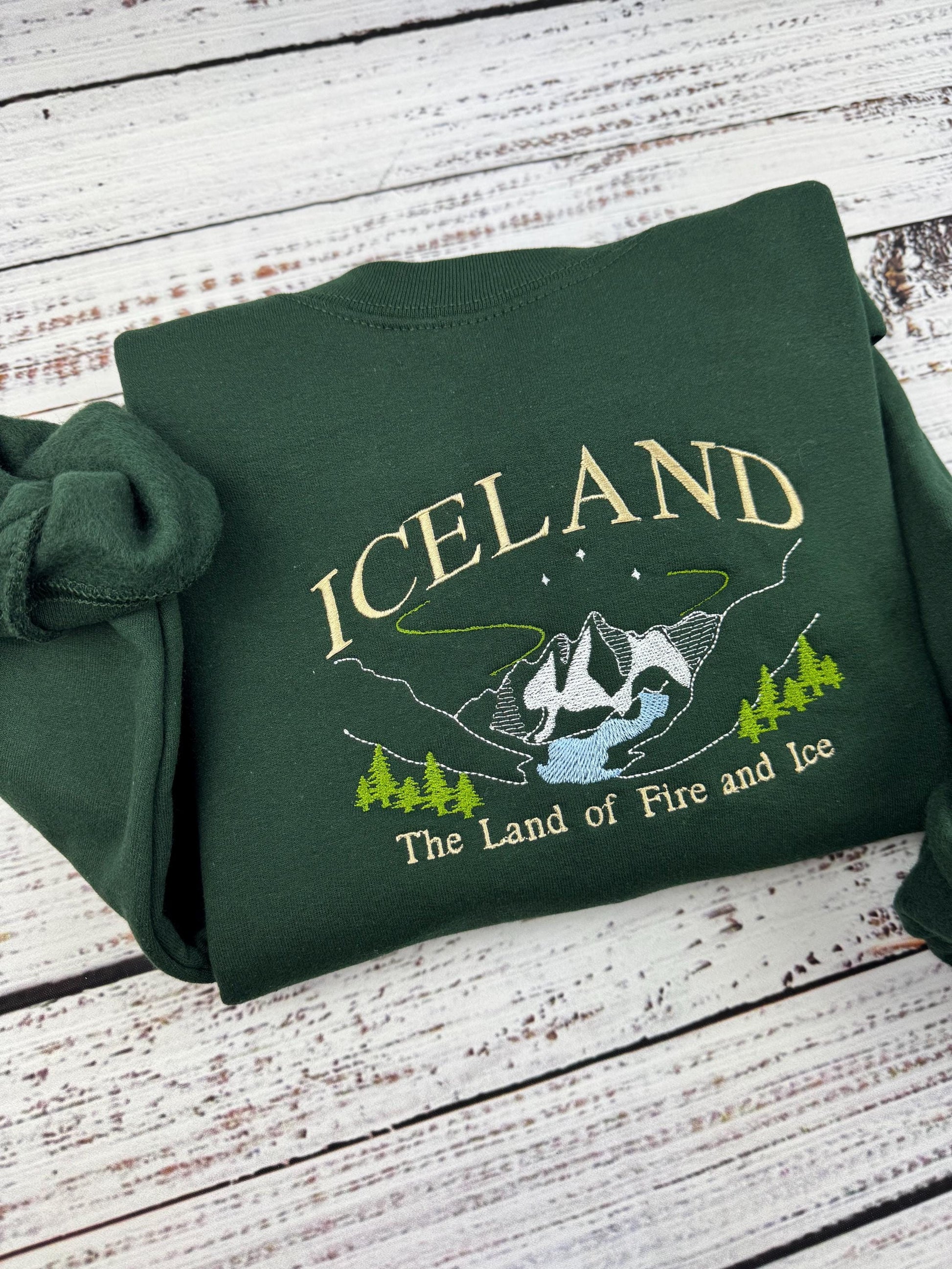 Iceland Embroidered Sweatshirt - Land of Fire and Ice - Handmade Embroidered Travel Gift - Nordic Mountains Aurora