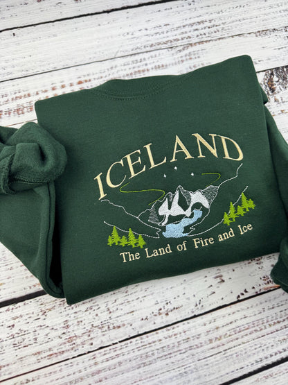 Iceland Embroidered Sweatshirt - Land of Fire and Ice - Handmade Embroidered Travel Gift - Nordic Mountains Aurora