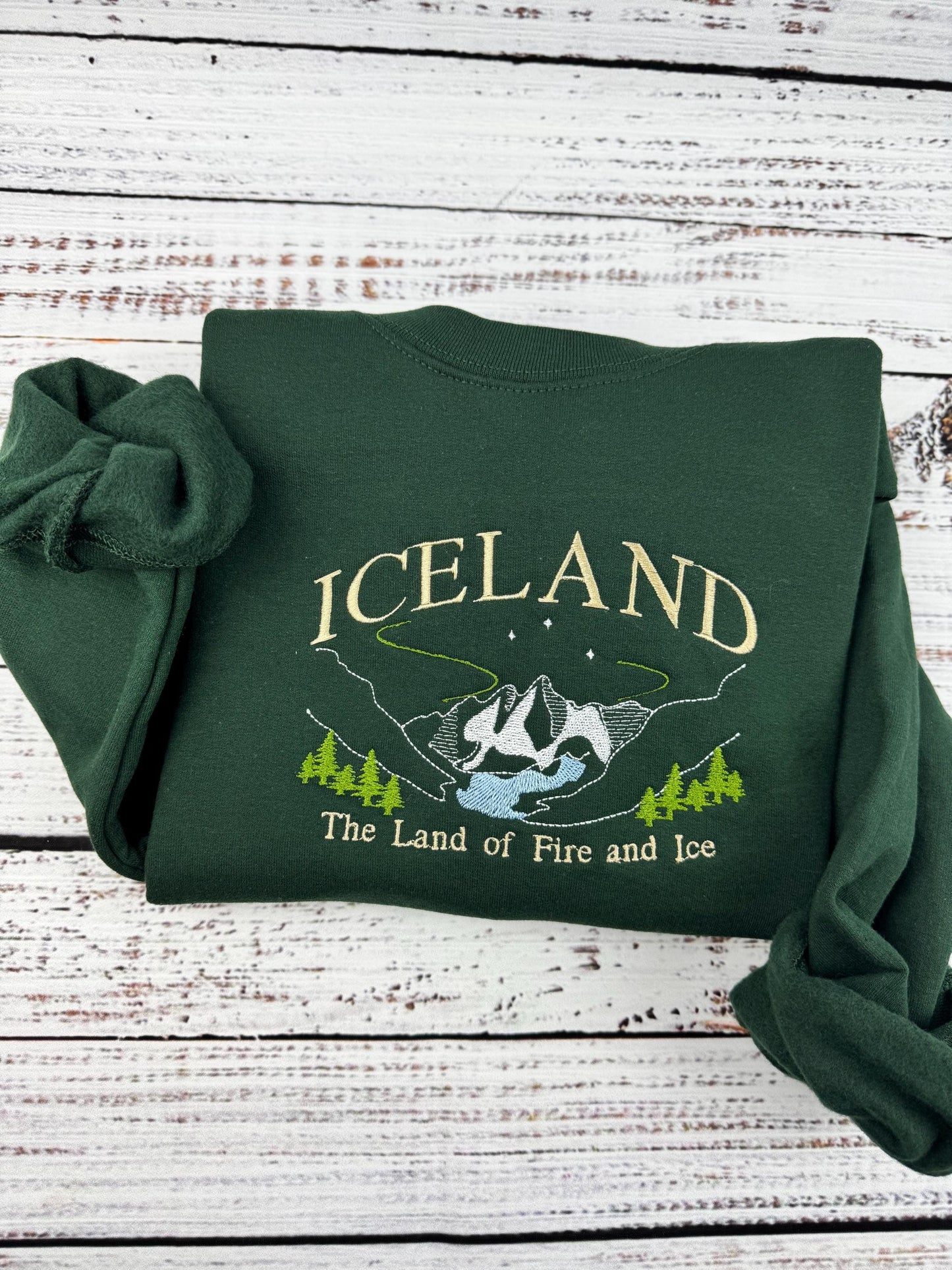 Iceland Embroidered Sweatshirt - Land of Fire and Ice - Handmade Embroidered Travel Gift - Nordic Mountains Aurora
