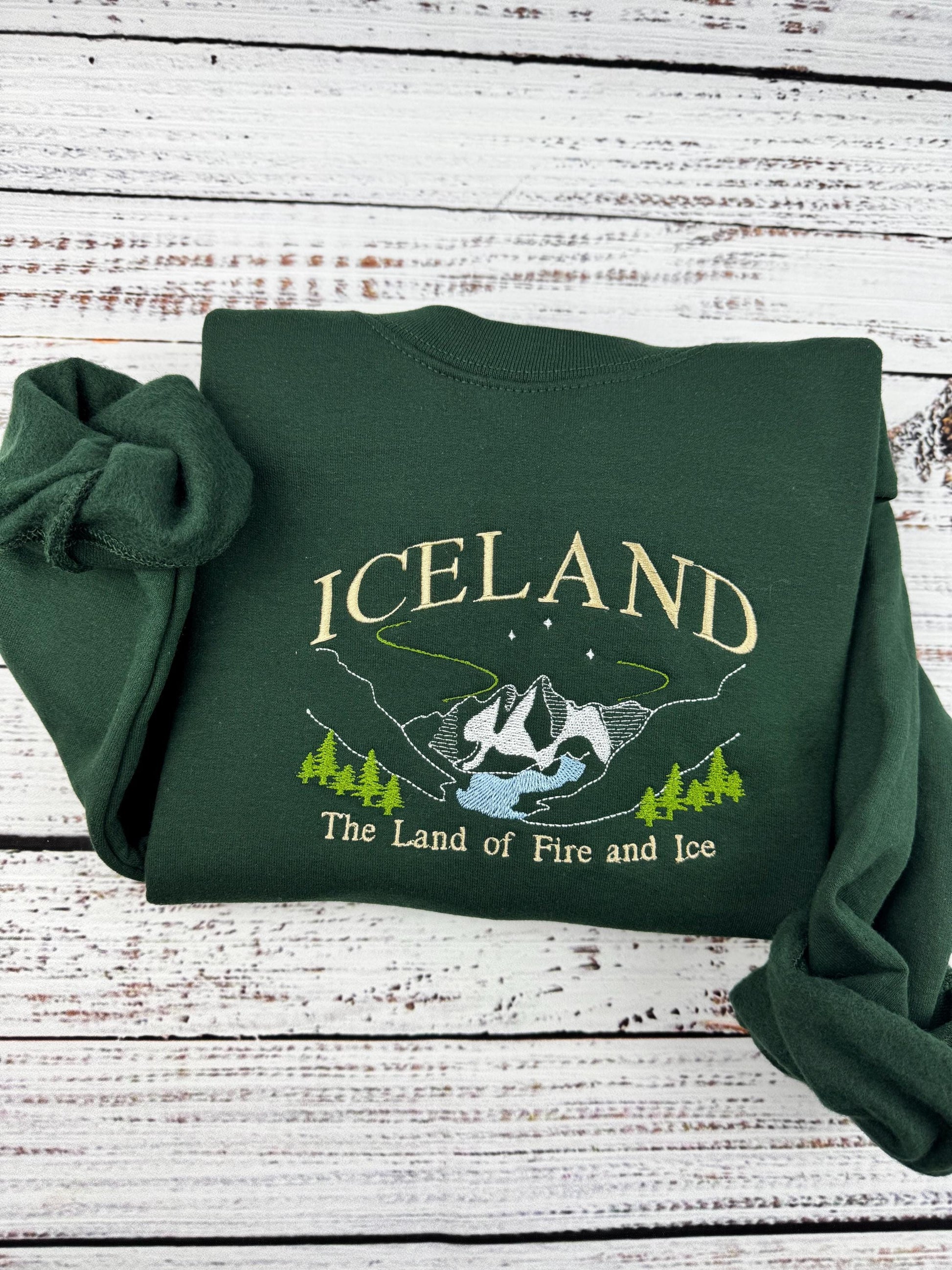 Iceland Embroidered Sweatshirt - Land of Fire and Ice - Handmade Embroidered Travel Gift - Nordic Mountains Aurora