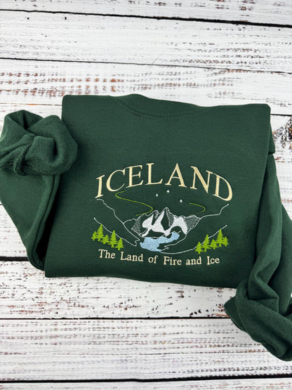 Iceland Embroidered Sweatshirt - Land of Fire and Ice - Handmade Embroidered Travel Gift - Nordic Mountains Aurora
