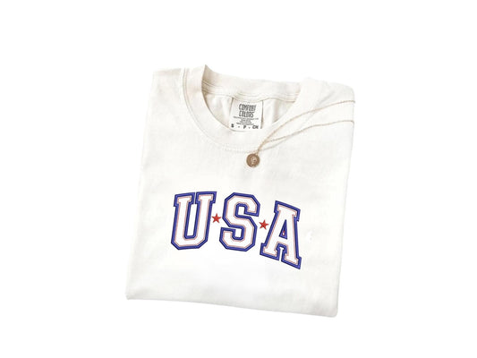 USA Embroidered T-Shirt – American Flag Comfort Colors Tee – 4th of July Shirt – Independence Day Embroidery – Patriotic USA Shirt