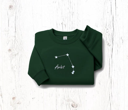 Custom Zodiac Constellation Embroidered Sweatshirt in green with Aries star sign design.