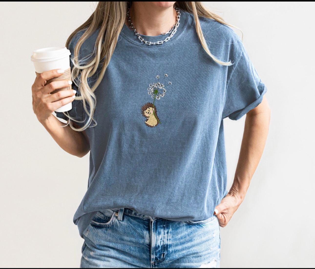 Embroidered Hedgehog Shirt – Comfort Colors Tee, Nature Animal Embroidery, Cute Forest Gift - Granola Girl