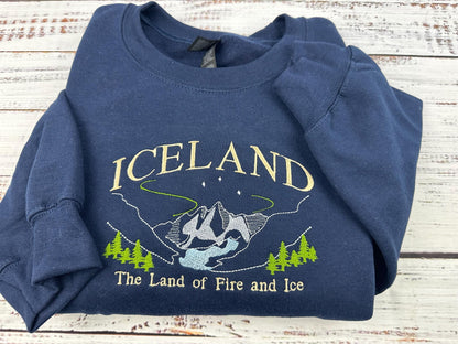 Iceland Embroidered Sweatshirt - Land of Fire and Ice - Handmade Embroidered Travel Gift - Nordic Mountains Aurora