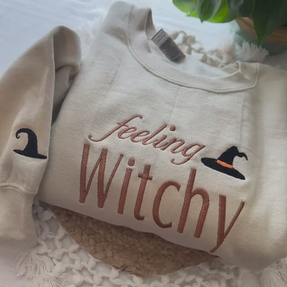 Feeling witchy Sweatshirt- Halloween Embroidered Sweatshirt - Ghost Holdint Black Cat- Halloween Costume