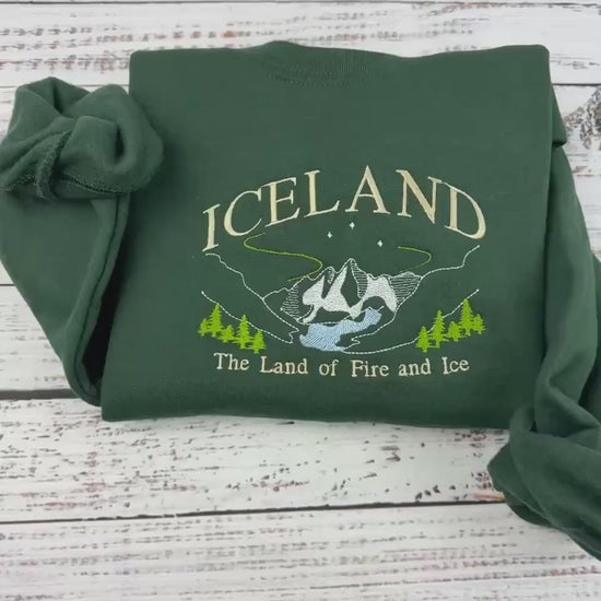 Iceland Embroidered Sweatshirt - Land of Fire and Ice - Handmade Embroidered Travel Gift - Nordic Mountains Aurora