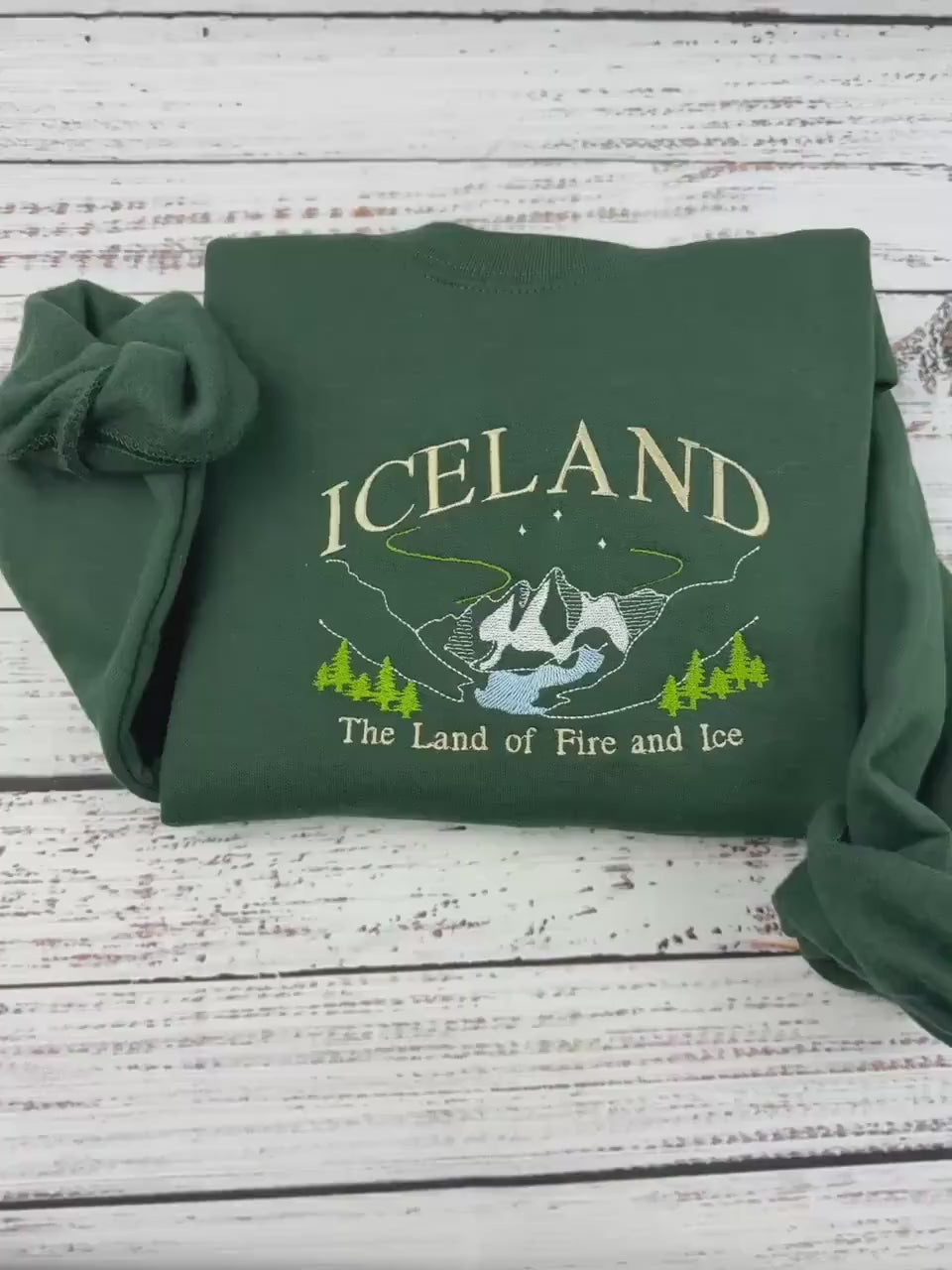 Iceland Embroidered Sweatshirt - Land of Fire and Ice - Handmade Embroidered Travel Gift - Nordic Mountains Aurora