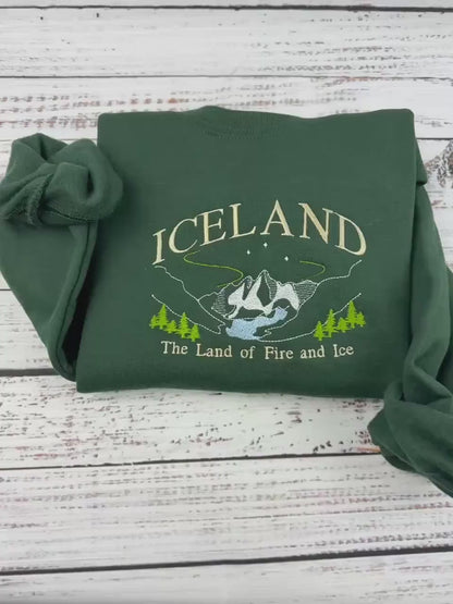 Iceland Embroidered Sweatshirt - Land of Fire and Ice - Handmade Embroidered Travel Gift - Nordic Mountains Aurora