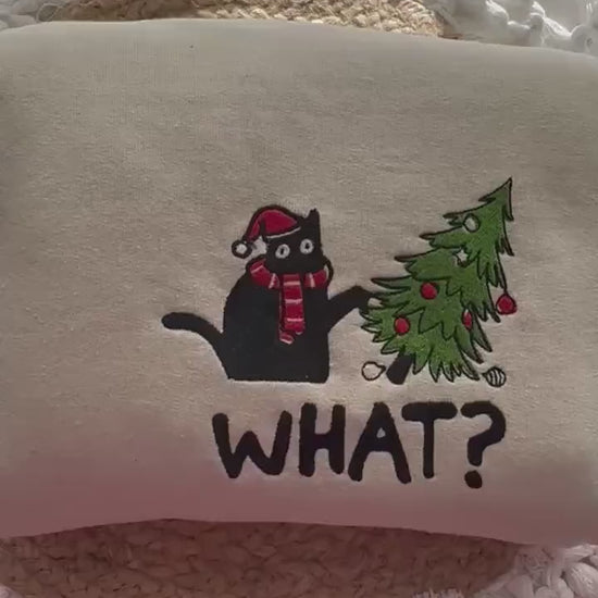 Cat Pushing Christmas Tree Embroidered Sweatshirt - Funny Holiday Design