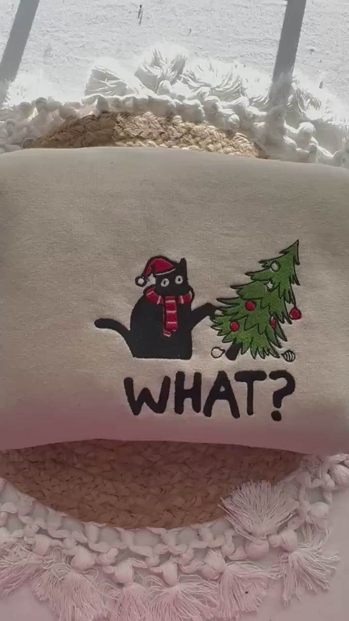 Cat Pushing Christmas Tree Embroidered Sweatshirt - Funny Holiday Design