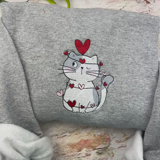 Embroidered Cute Cat Valentine Sweatshirt, Cat Lover Valentine Sweatshirt, Girls Valentines Day Gift, Funny Valentines Day Sweater.