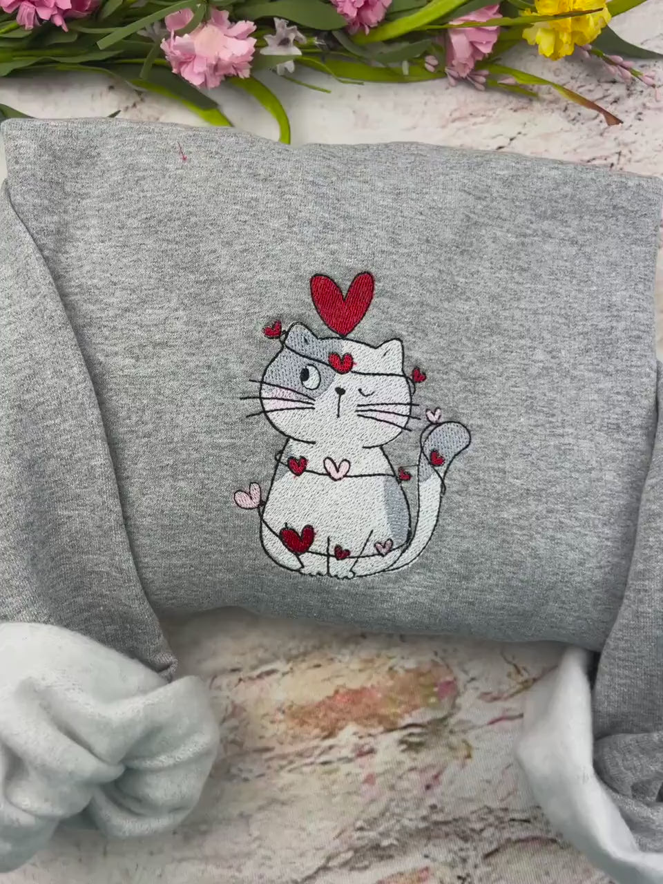 Embroidered Cute Cat Valentine Sweatshirt, Cat Lover Valentine Sweatshirt, Girls Valentines Day Gift, Funny Valentines Day Sweater.