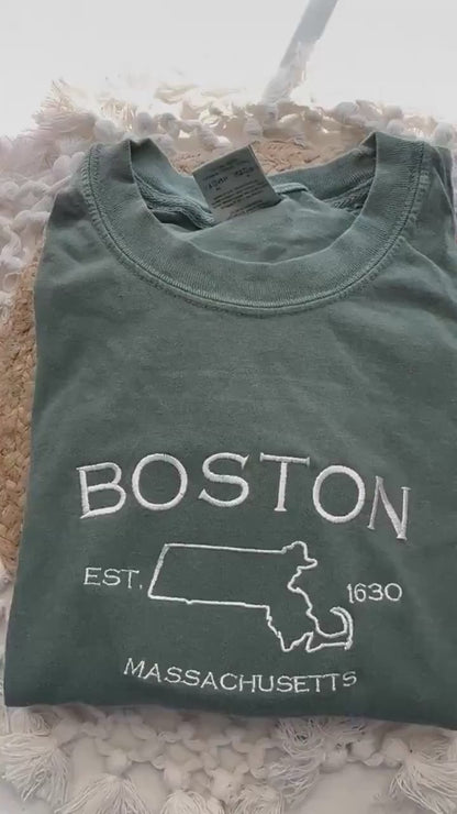 Boston Embroidered Sweatshirt- Massachusetts T-Shirt and Sweatshirt (Map)
