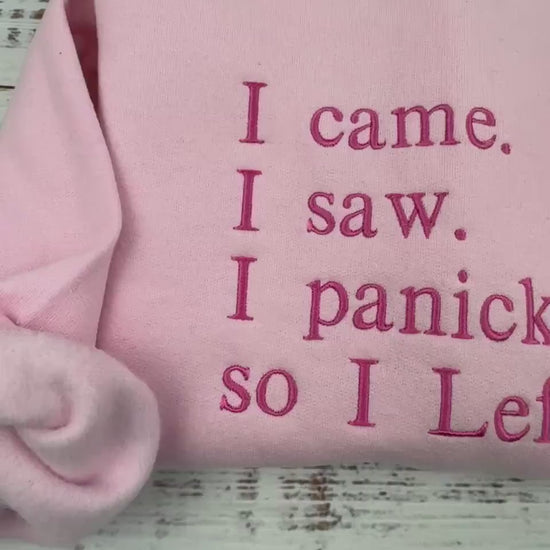 I Came I Saw I Panicked So I Left Embroidered Sweatshirt – Funny Introvert Gift, Anxious Girl Hoodie, Mental Health Humor Pullover
